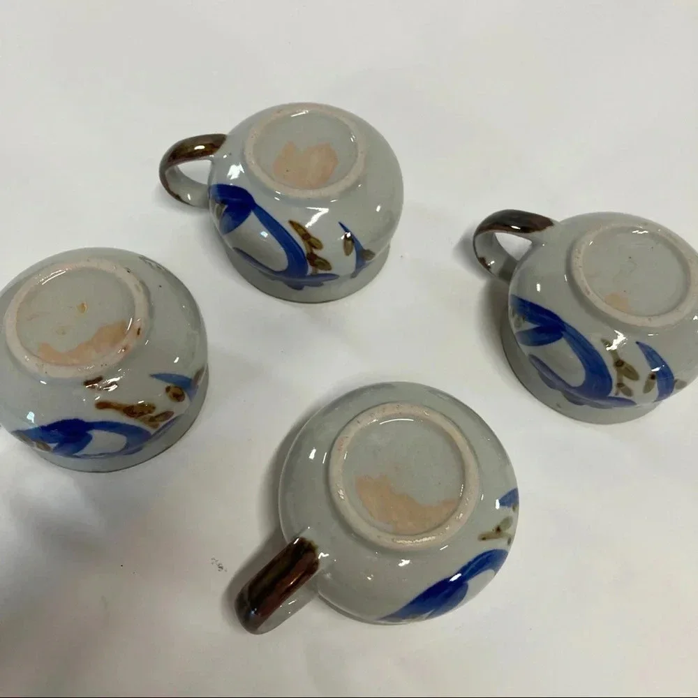 Hand painted Artisan Coffee Mugs Blue Floral Small Set of 4